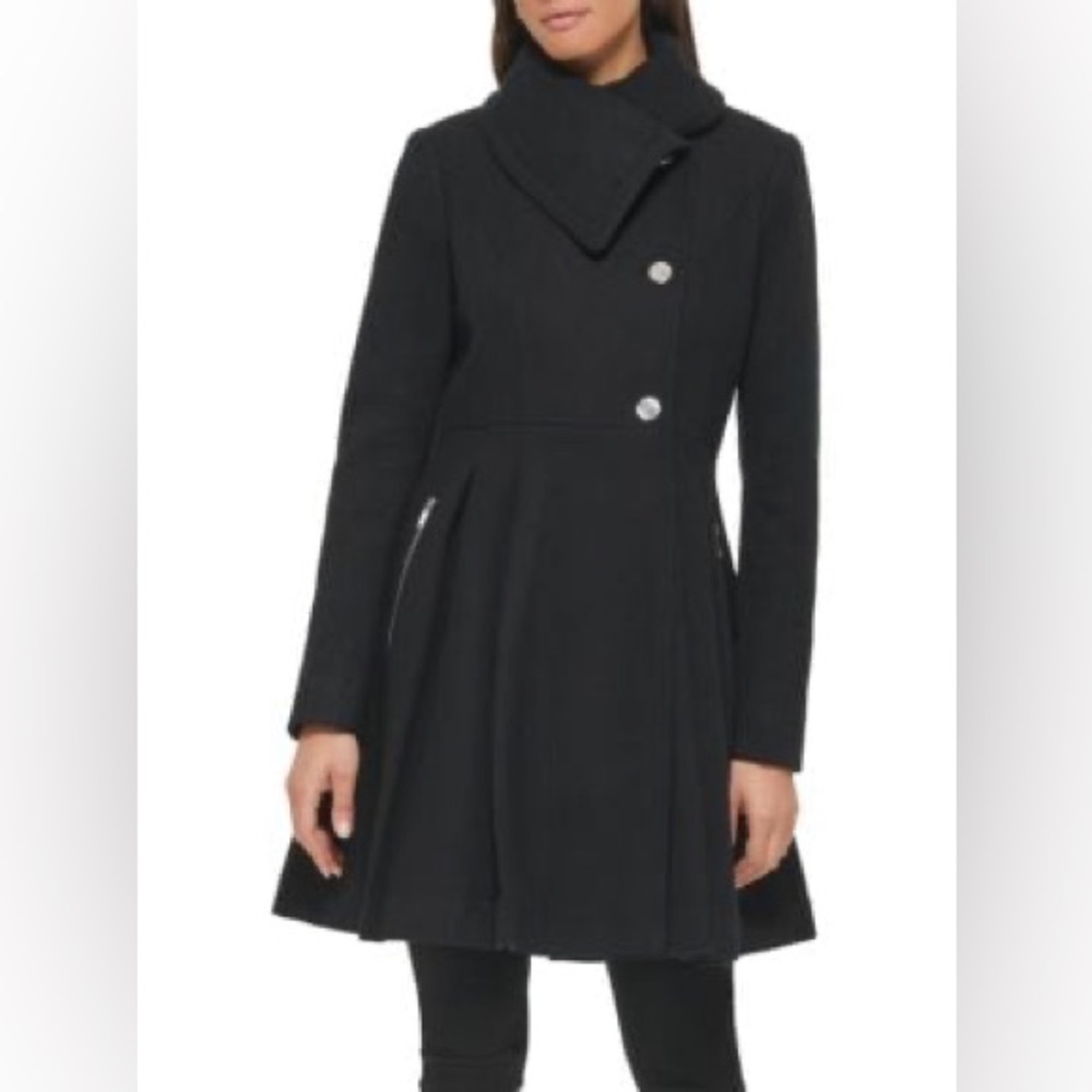 GUESS Pleated Wool Blend Flared Coat